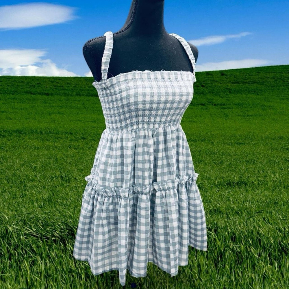 Showpo Wilma Gingham Smocked Babydoll Dress Blue Tiered Sundress 0 Cottagecore